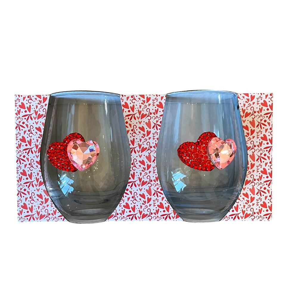 Valentines Day Jeweled HEARTS Stemless Wine Glasses Set of 2 Red & Pink New